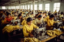 Photo Of Asian Seamstress In Textile Factory Sewing With Industrial Sewing Machines. Generative AI