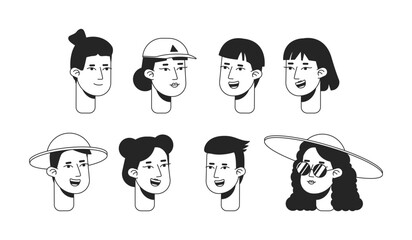 Poster - summer vacation monochrome flat linear character heads bundle. asian tourist. holiday maker. editabl