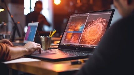 Fototapete - Graphic designer work on computer laptop and with graphic drawing pen. Generative AI