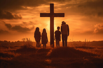 Wall Mural - Family standing next to a cross at sunset. Worship concept.Image ai generate Image ai generate