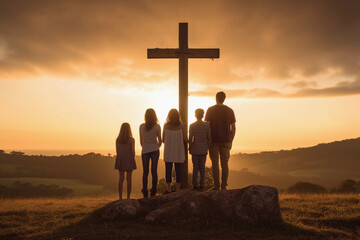 family standing next to a cross at sunset. worship concept.image ai generate image ai generate