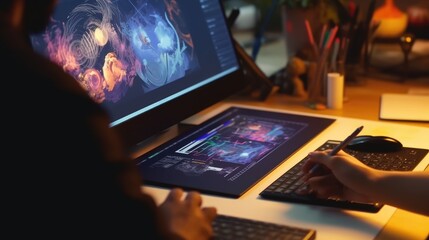 Fototapete - Graphic designer work on computer laptop and with graphic drawing pen. Generative AI