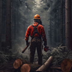 Woodcutter in the forest. Generative AI.