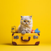Cat On Vacation With A Travel Suitcase In Summer On A Yellow Background. Generative AI.