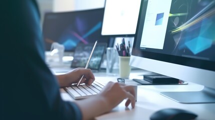 Fototapete - Graphic designer work on computer laptop and with graphic drawing pen. Generative AI