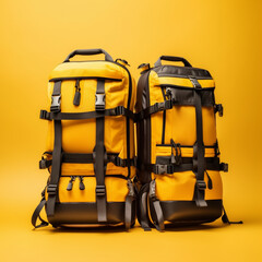 Sticker - Travel backpacks on yellow background. Generative AI.