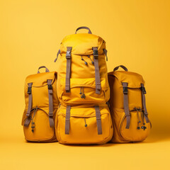 Wall Mural - Travel backpacks on yellow background. Generative AI.