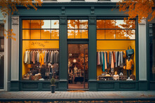 Contemporary Fashion Boutique On A Charming Autumn Street, Frontal View From Sidewalk, Displaying Latest Fall Collection In Window