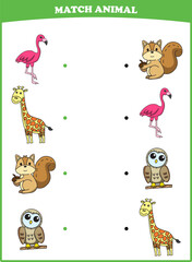  Education game for children connect the same picture of cute cartoon wild animal flamingo giraffe squirrel owl printable