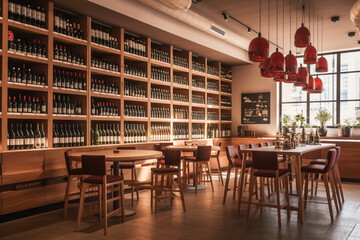 Wall Mural - Interior view of a modern, contemporary enoteca or wine shop, featuring a wide selection of wines displayed on stylish wooden shelves with minimalistic decor and soft lighting