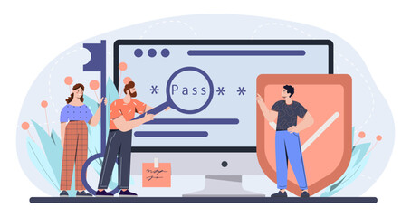 Poster - people with cyber security concept. men and woman near monitor with shield and magnifying glass. pre