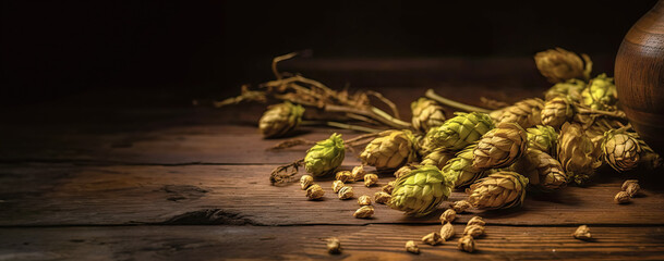 Hop cones on a wooden table, copy space, international beer day background, AI generated