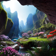 Beautiful Pink Lake Inside A Misty Jungle Cave.Realistic. Fantasy, Epic Cinematic Brilliant Stunning Intricate Meticulously Detailed Dramatic Atmospheric Maximalist Digital Matte Painting,Generative A