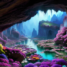 Beautiful Pink Lake Inside A Misty Jungle Cave.Realistic. Fantasy, Epic Cinematic Brilliant Stunning Intricate Meticulously Detailed Dramatic Atmospheric Maximalist Digital Matte Painting,Generative A