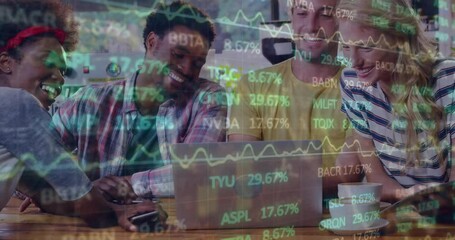 Poster - Animation of stock market data processing over diverse colleagues smiling while looking at laptop