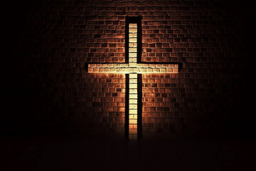 Wall Mural - Lighted Cross Background. Back lit cross on a brick background with copy space Image ai generate