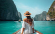 © Creative Clicks - Happy tourist woman in white summer dress relaxing on boat at the beautiful Phi Phi islands with teal waters and clear skies. Krabi, travel concept for Thailand. Generative AI