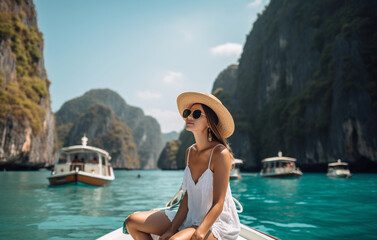 happy tourist woman in white summer dress relaxing on boat at the beautiful phi phi islands with tea