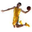 © Lustre Art Group  - Sportive young man, professional basketball player training with basketball ball isolated over transparent background.