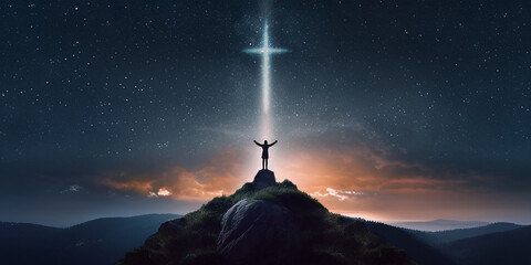 christian cross symbol in the night sky with silhouette of person with their arms raised worshipping