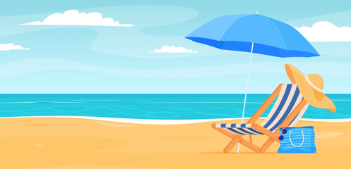 Wall Mural - Beach deck chair with umbrella. Summer vacation on a sandy beach. Happy hot vacation. Vector illustration