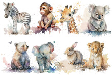 Safari Animal Set Lion, Monkey, Bear, Zebra, Rabbit, Koala, Giraffe, Elephant In Watercolor Style. Isolated Generative AI