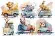 Safari Animal set lion, hippopotamus, giraffe, bear, rabbit and mouse in the car in watercolor style. Isolated Generative AI
