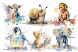 Safari Animal set elephant, monkey, cat, snail, cow, penguin in watercolor style. Isolated Generative AI