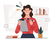 Woman Make Notes Concept. Young Girl With Notebook Counts Money. Setting Goals And Deadlines. Organization Of Efficient Workflow And Time Management. Cartoon Flat Vector Illustration