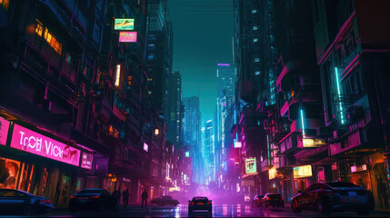 A sci-fi futuristic city with skyscrapers and neon colored streetlights. This image portrays the metaverse city and cyberpunk concept with its high-tech and urban elements. Ai Generative