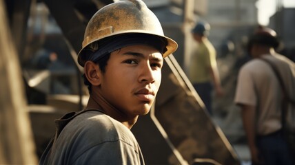 Construction Worker Male Hispanic Young Adult Operating construction equipment, building structures and infrastructure in Construction site. Generative AI AIG22.