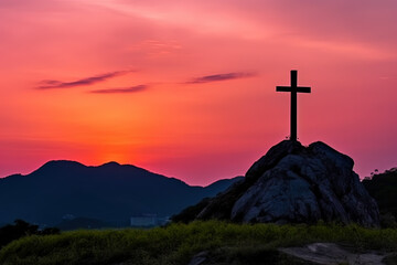 Cross on the hill. Religious concept	