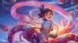 © Ameer - Whimsical Anime Girl Riding Shooting Star in Candy-Colored Galaxy - Illustration with Childlike Wonder and Adventure, Generative AI