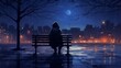 girl sitting on the bench, beautiful night view, Captivating anime HD wallpaper: embrace solitude in the darkness, Generative AI