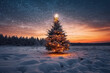 Outdoor Christmas tree in winter during sunset Generative Ai