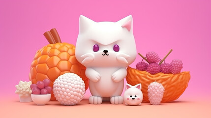 Wall Mural - Cute voluminous fruit in Asian style. Cartoon fruit with a animal. Gentle square illustration with 3d character. White animal on a pink background with sweets