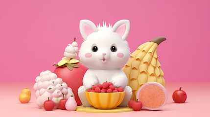 Wall Mural - Cute voluminous fruit in Asian style. Cartoon fruit with a animal. Gentle square illustration with 3d character. White animal on a pink background with sweets