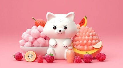 Wall Mural - Cute voluminous fruit in Asian style. Cartoon fruit with a animal. Gentle square illustration with 3d character. White animal on a pink background with sweets