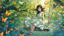 Girl In The Park - Tranquil Anime Girl On Swing: Vibrant Meadow, Willow Tree, And Colorful Butterflies, Generative AI