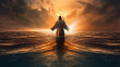 The figure of Jesus walks on water on a beautiful dramatic sunset background. Biblical theme concept. Generative AI