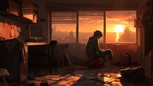 Lonely Reflection: Emotionally Charged Anime Illustration Of A Desolate Room, HD Wallpaper With Sorrowful Expression And Introspection, Generative AI