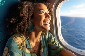 Wall Mural - A photo of a joyful woman seated by the window on an airplane. Travel Concept. Generative AI