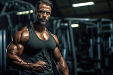 Handsome Muscular Man In Gym Posing. Generative AI