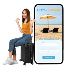 Wall Mural - Cheerful young Asian woman sitting on the suitcase and smartphone with application booking flight travel search ticket holiday and hotel on website on yellow background. Concept tourist holiday trip.