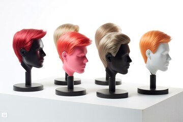 Wall Mural - Hair wig over the plastic mannequin head isolated over the white background, mockup featuring contemporary men's hairstyles, Generative AI illustration