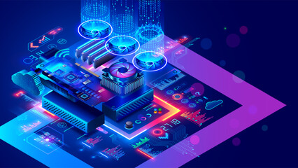 Poster - Hardware electronic development concept. Electronic circuit board or motherboard with CPU chip or processor, memory board, GPU, coolers, over computer parts. Upgrade, repair of electronic devices.