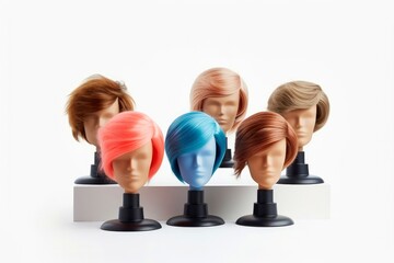 Wall Mural - Hair wig over the plastic mannequin head isolated over the white background, mockup featuring contemporary men's hairstyles, Generative AI illustration