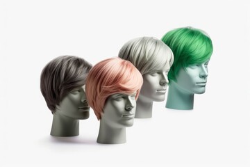 Wall Mural - Hair wig over the plastic mannequin head isolated over the white background, mockup featuring contemporary men's hairstyles, Generative AI illustration