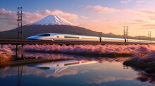 Shinkansen Or Bullet Train Run Pass Through Mountain Fuji And Shibazakura At Spring. Shinkansen In Japan. Generetive Ai