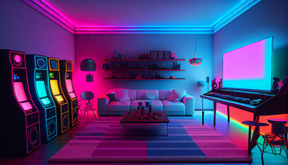 Interior of colorful modern gaming room with neon lighting Ai generated image